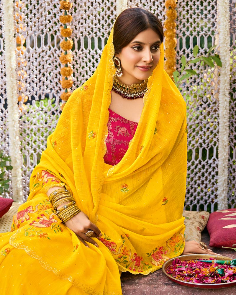 Vishal Prints Golden Yellow Designer Fancy Chiffon Saree With Embroidery-Diamond Work And Cut Work Border