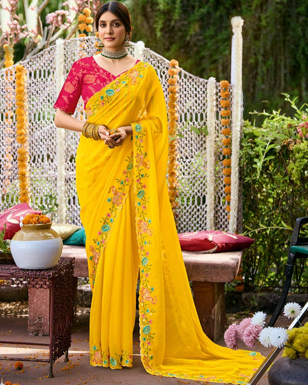 Vishal Prints Golden Yellow Designer Fancy Chiffon Saree With Embroidery-Diamond Work And Cut Work Border