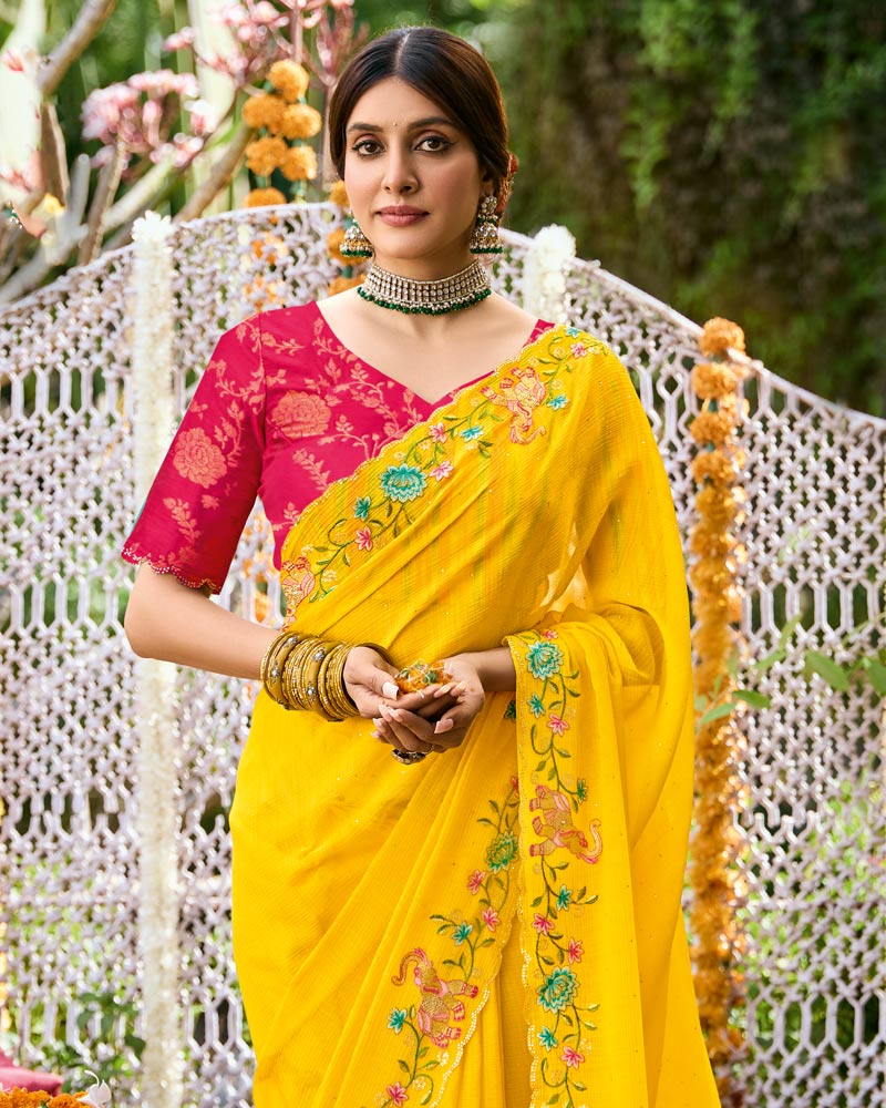 Vishal Prints Golden Yellow Designer Fancy Chiffon Saree With Embroidery-Diamond Work And Cut Work Border