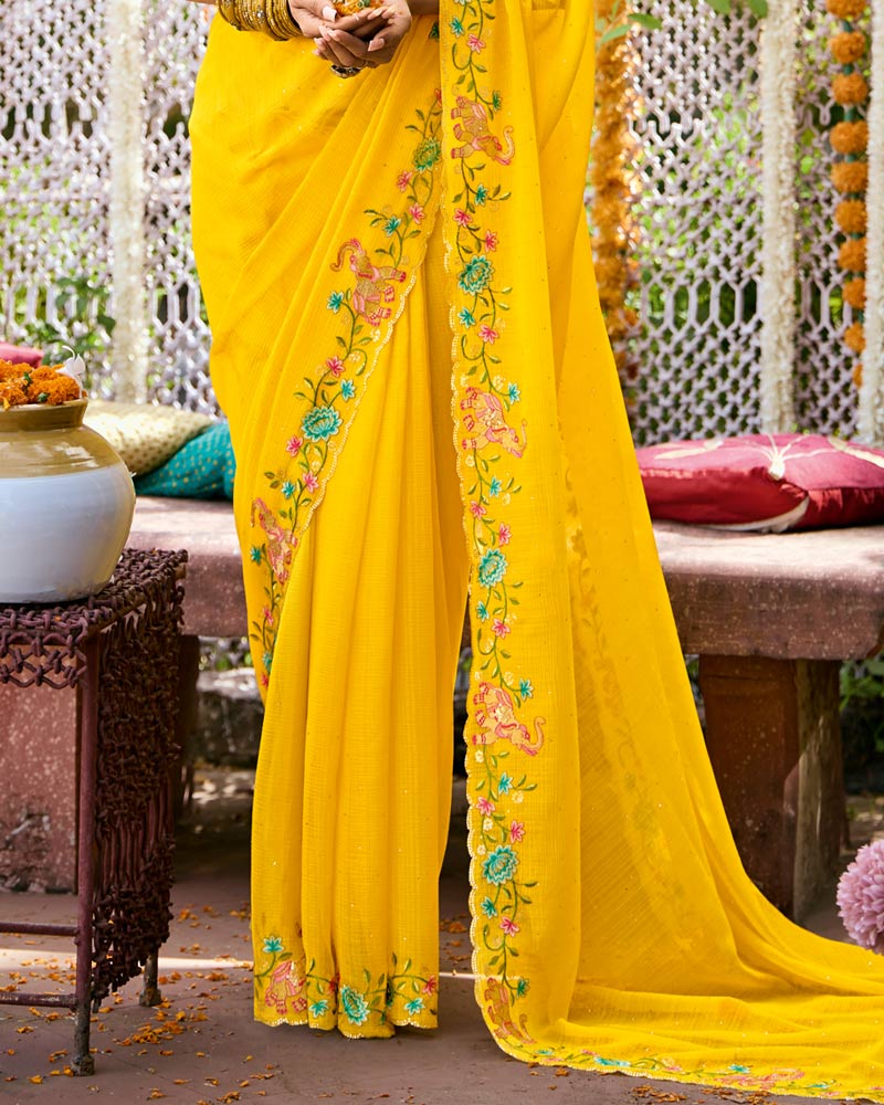 Vishal Prints Golden Yellow Designer Fancy Chiffon Saree With Embroidery-Diamond Work And Cut Work Border