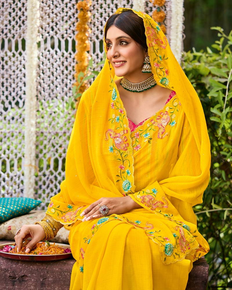 Vishal Prints Golden Yellow Designer Fancy Chiffon Saree With Embroidery-Diamond Work And Cut Work Border