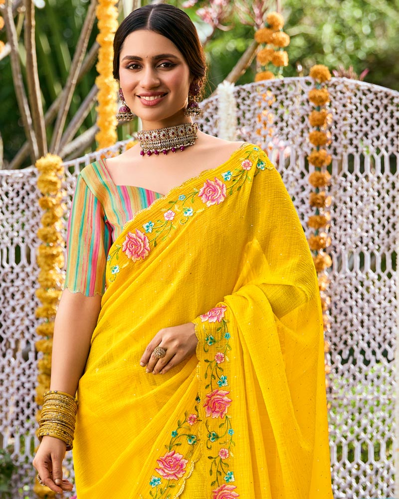 Vishal Prints Golden Yellow Designer Fancy Chiffon Saree With Embroidery-Diamond Work And Cut Work Border
