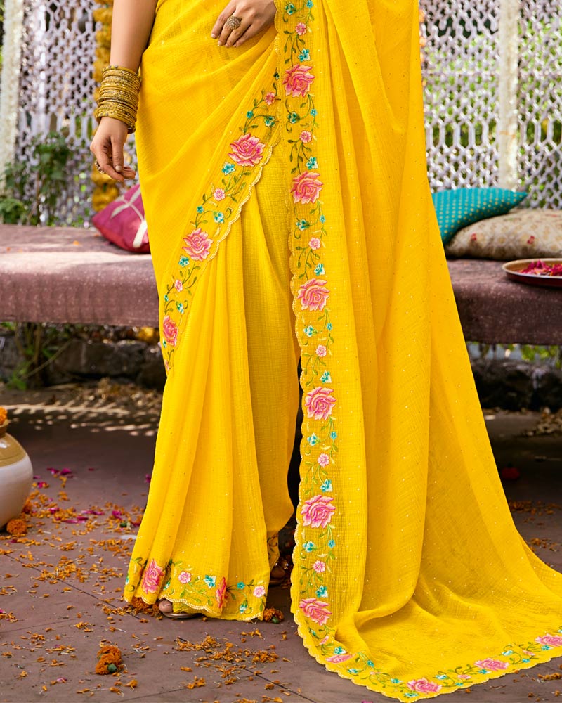 Vishal Prints Golden Yellow Designer Fancy Chiffon Saree With Embroidery-Diamond Work And Cut Work Border