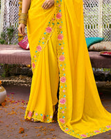 Vishal Prints Golden Yellow Designer Fancy Chiffon Saree With Embroidery-Diamond Work And Cut Work Border