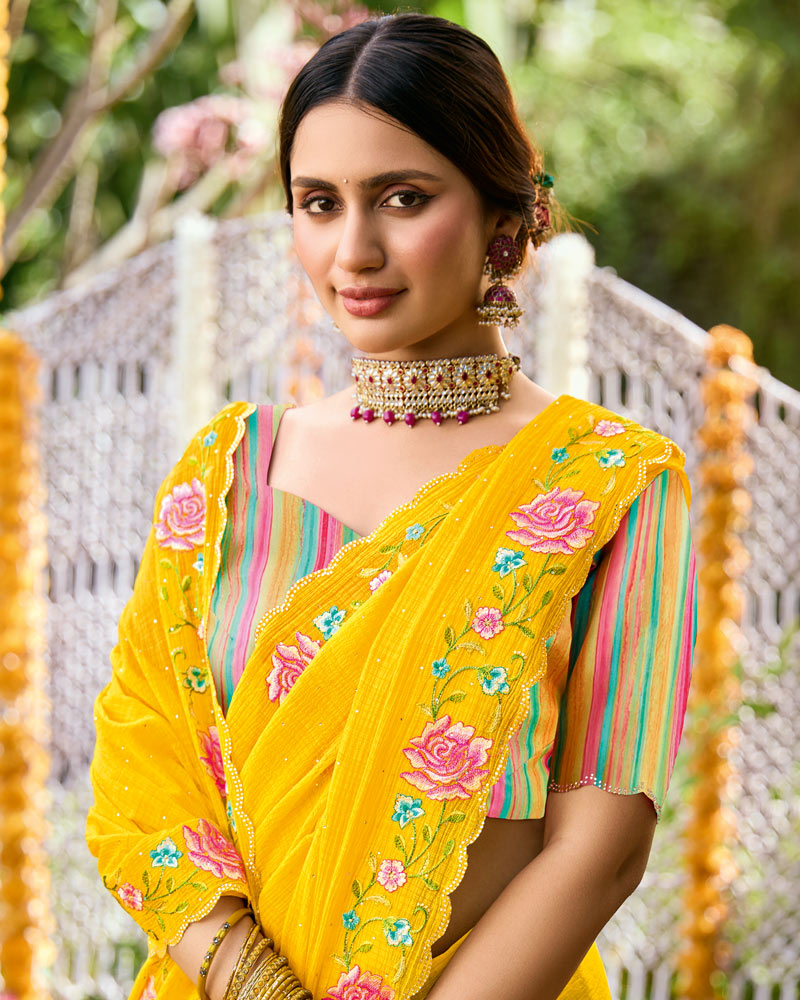 Vishal Prints Golden Yellow Designer Fancy Chiffon Saree With Embroidery-Diamond Work And Cut Work Border