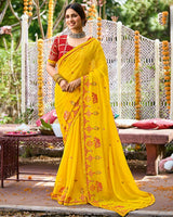 Vishal Prints Golden Yellow Designer Fancy Chiffon Saree With Embroidery-Diamond Work And Border