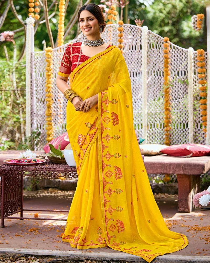 Vishal Prints Golden Yellow Designer Fancy Chiffon Saree With Embroidery-Diamond Work And Border