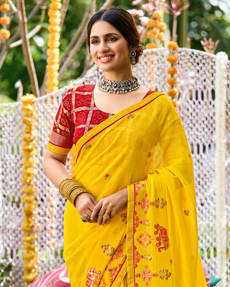 Vishal Prints Golden Yellow Designer Fancy Chiffon Saree With Embroidery-Diamond Work And Border