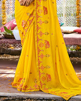 Vishal Prints Golden Yellow Designer Fancy Chiffon Saree With Embroidery-Diamond Work And Border
