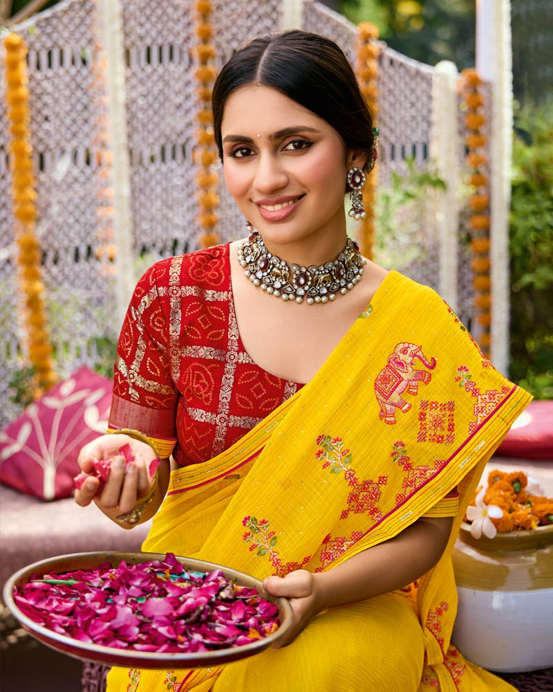 Vishal Prints Golden Yellow Designer Fancy Chiffon Saree With Embroidery-Diamond Work And Border