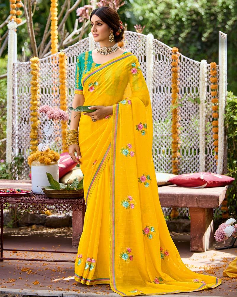 Vishal Prints Golden Yellow Designer Fancy Chiffon Saree With Embroidery-Diamond Work And Border