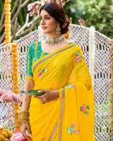 Vishal Prints Golden Yellow Designer Fancy Chiffon Saree With Embroidery-Diamond Work And Border