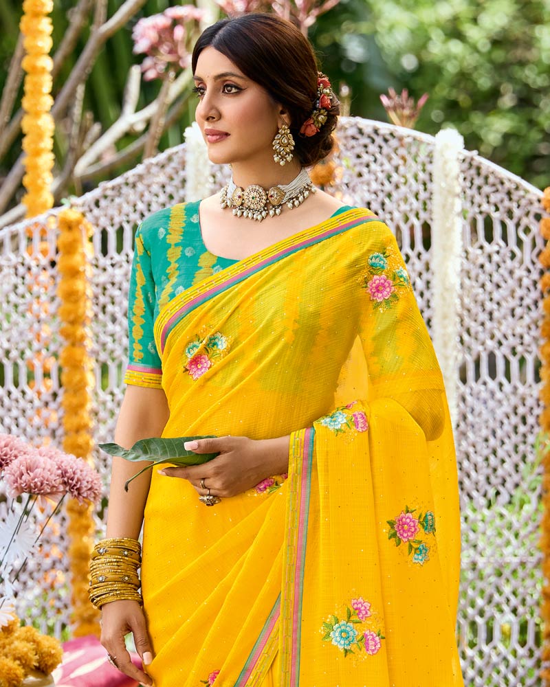 Vishal Prints Golden Yellow Designer Fancy Chiffon Saree With Embroidery-Diamond Work And Border