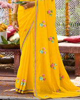 Vishal Prints Golden Yellow Designer Fancy Chiffon Saree With Embroidery-Diamond Work And Border