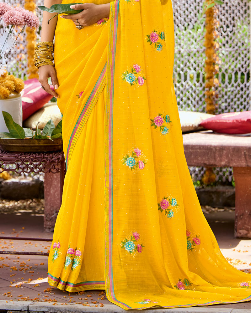 Vishal Prints Golden Yellow Designer Fancy Chiffon Saree With Embroidery-Diamond Work And Border