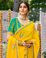 Vishal Prints Golden Yellow Designer Fancy Chiffon Saree With Embroidery-Diamond Work And Border