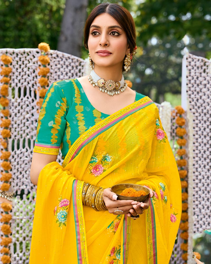 Vishal Prints Golden Yellow Designer Fancy Chiffon Saree With Embroidery-Diamond Work And Border