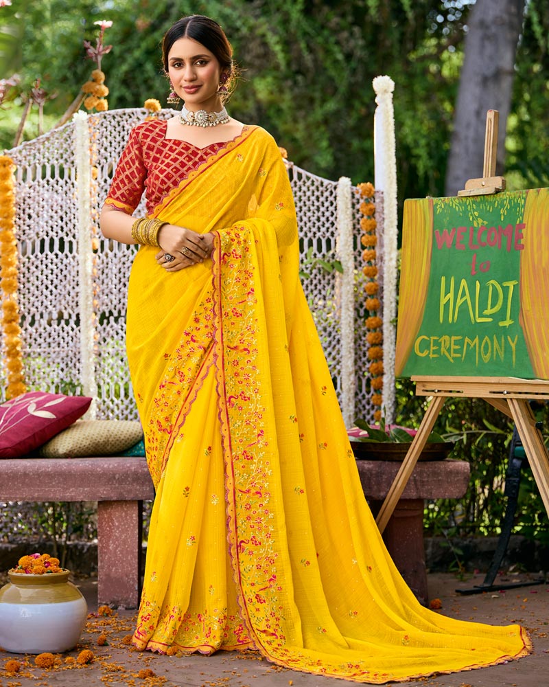 Vishal Prints Golden Yellow Designer Fancy Chiffon Saree With Embroidery-Diamond Work And Cut Work Border