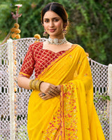 Vishal Prints Golden Yellow Designer Fancy Chiffon Saree With Embroidery-Diamond Work And Cut Work Border