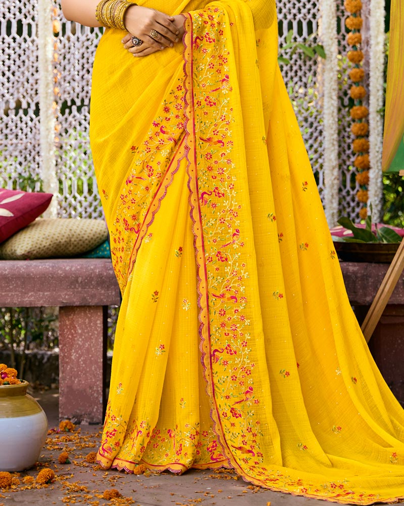 Vishal Prints Golden Yellow Designer Fancy Chiffon Saree With Embroidery-Diamond Work And Cut Work Border