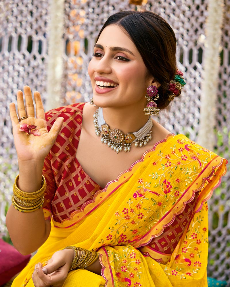 Vishal Prints Golden Yellow Designer Fancy Chiffon Saree With Embroidery-Diamond Work And Cut Work Border