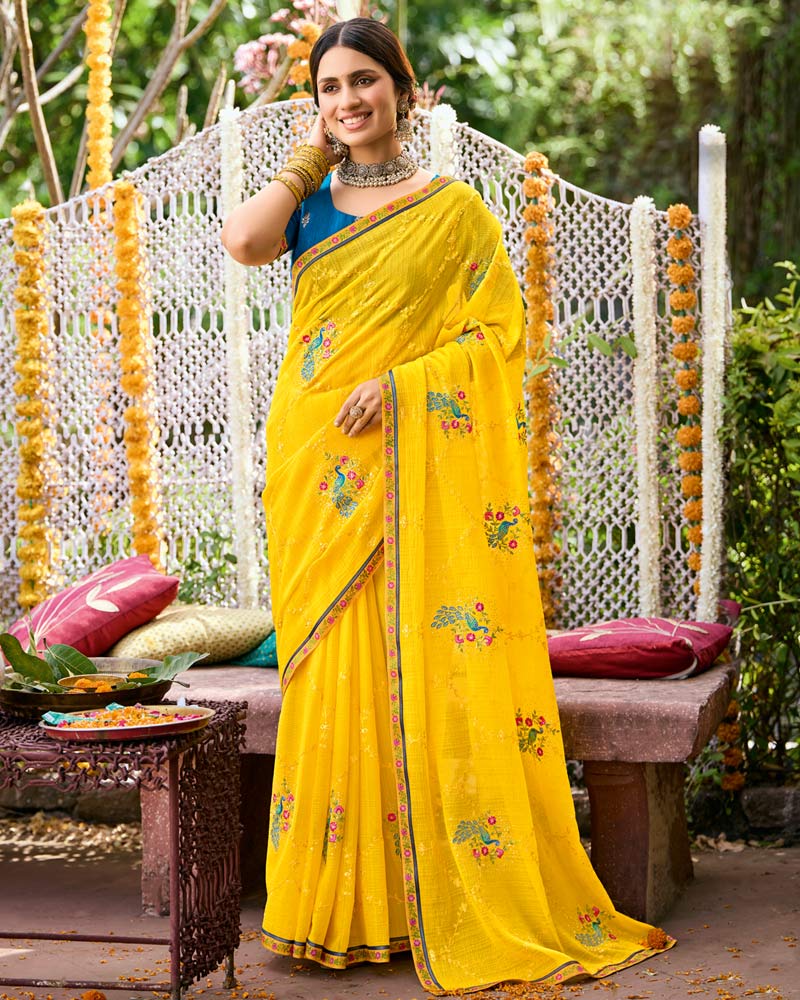 Vishal Prints Golden Yellow Designer Fancy Chiffon Saree With Embroidery-Diamond Work And Border