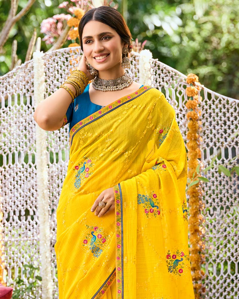 Vishal Prints Golden Yellow Designer Fancy Chiffon Saree With Embroidery-Diamond Work And Border