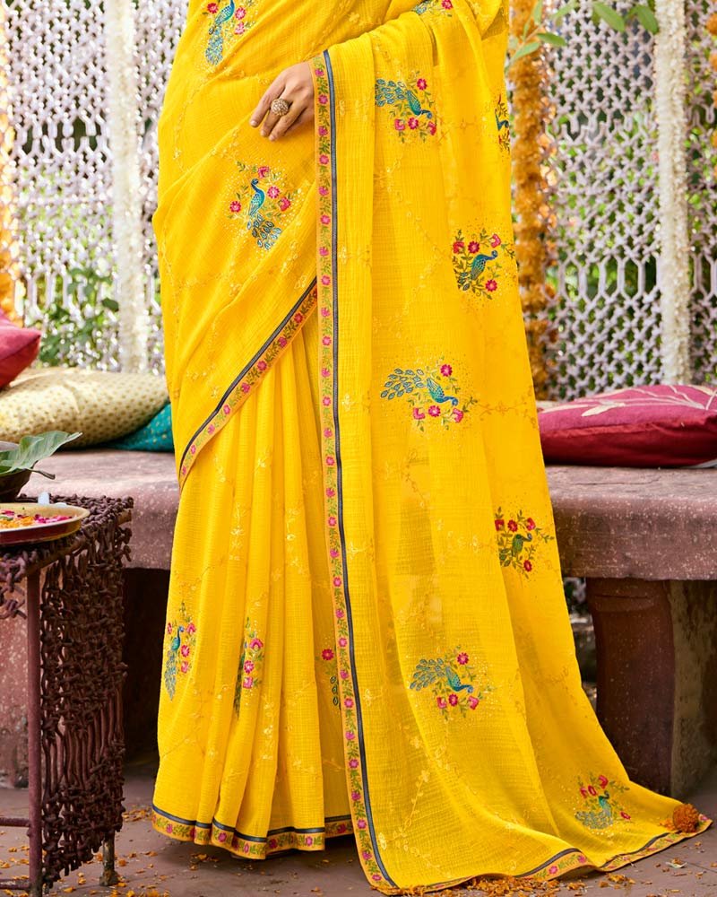 Vishal Prints Golden Yellow Designer Fancy Chiffon Saree With Embroidery-Diamond Work And Border