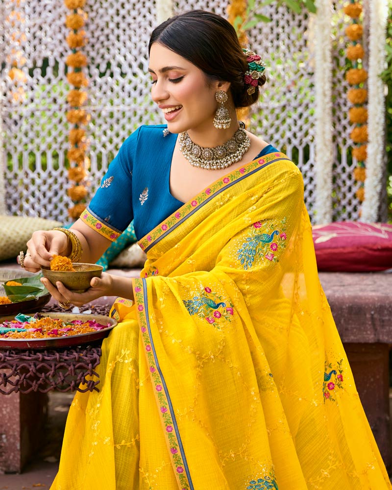 Vishal Prints Golden Yellow Designer Fancy Chiffon Saree With Embroidery-Diamond Work And Border