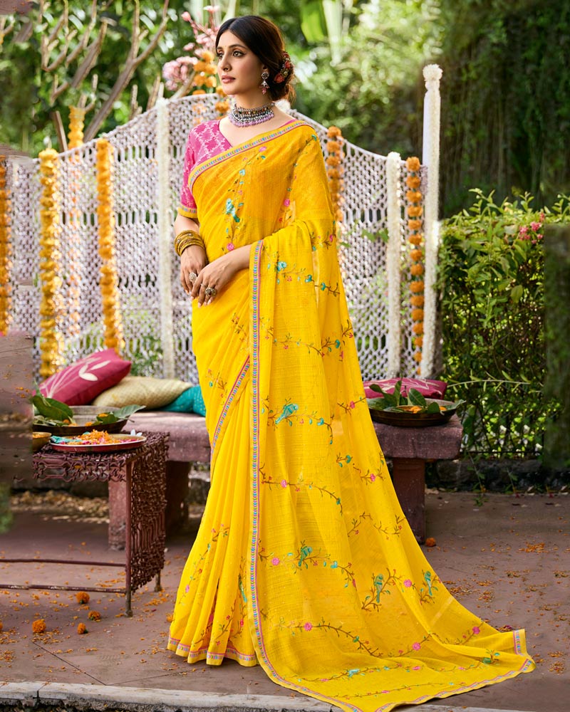 Vishal Prints Golden Yellow Designer Fancy Chiffon Saree With Embroidery-Diamond Work And Border