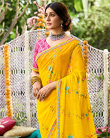 Vishal Prints Golden Yellow Designer Fancy Chiffon Saree With Embroidery-Diamond Work And Border