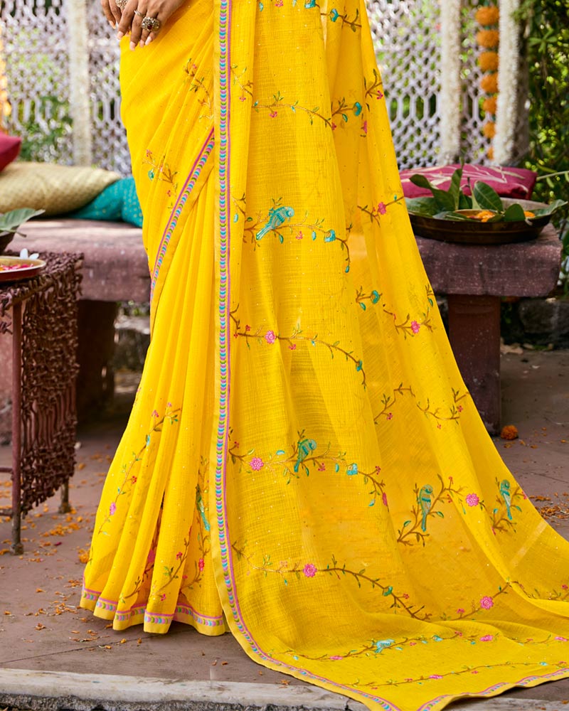 Vishal Prints Golden Yellow Designer Fancy Chiffon Saree With Embroidery-Diamond Work And Border