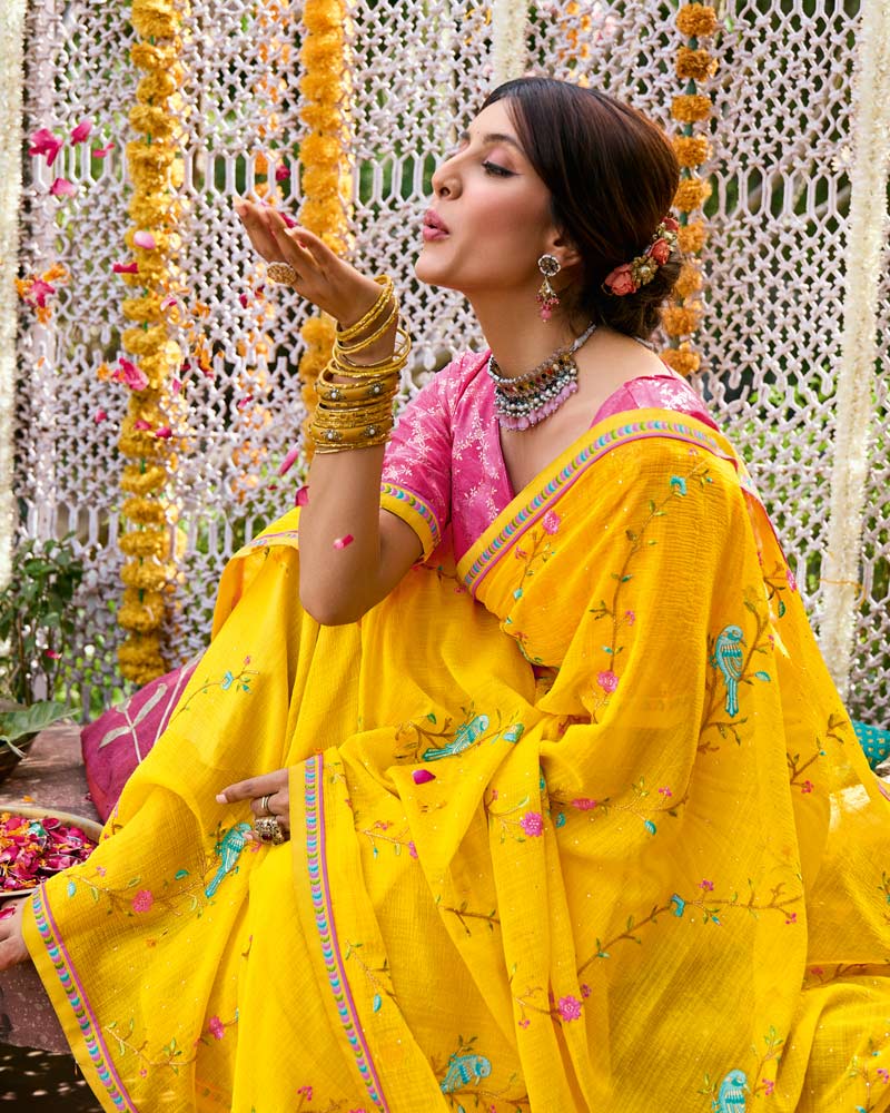 Vishal Prints Golden Yellow Designer Fancy Chiffon Saree With Embroidery-Diamond Work And Border