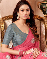Vishal Prints Mandy Pink Designer Fancy Chiffon Saree With Embroidery Diamond Work And Core Piping