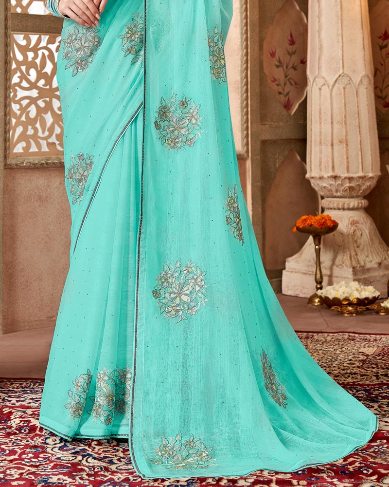 Vishal Prints Pastel Teal Green Designer Fancy Chiffon Saree With Embroidery Diamond Work And Core Piping