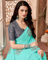 Vishal Prints Pastel Teal Green Designer Fancy Chiffon Saree With Embroidery Diamond Work And Core Piping