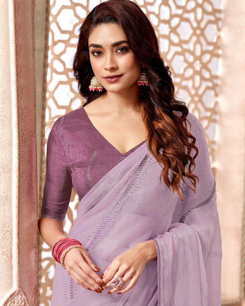 Vishal Prints Mauve Designer Fancy Chiffon Saree With Embroidery Diamond Work And Core Piping