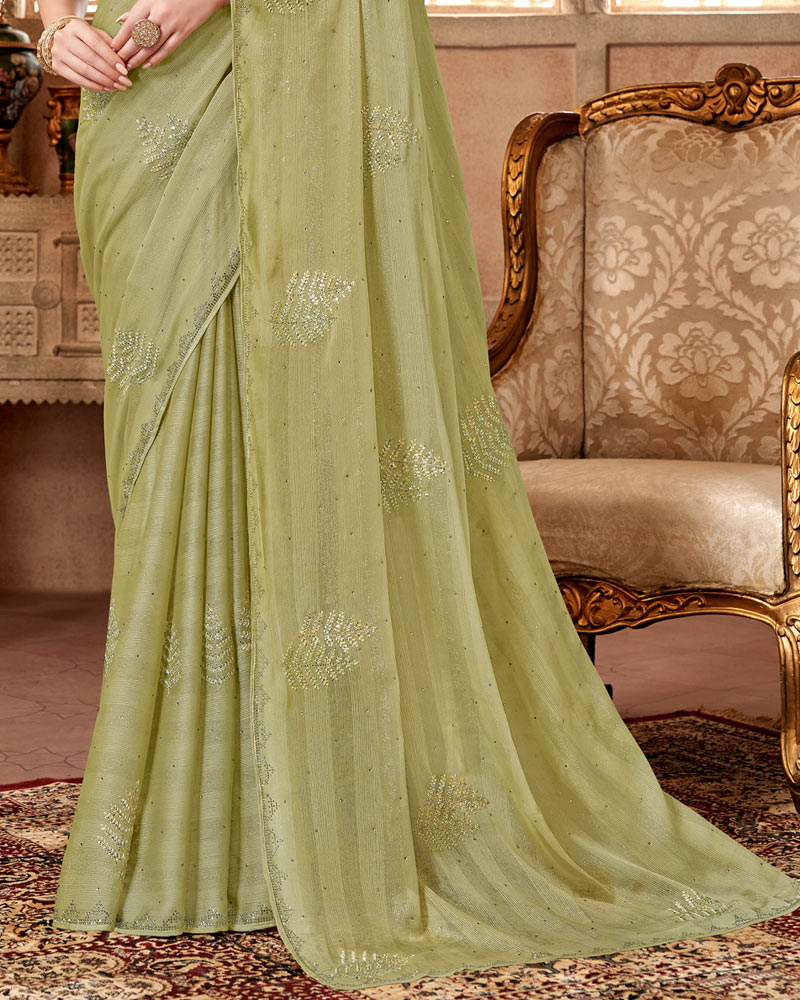 Vishal Prints Pastel Olive Designer Fancy Chiffon Saree With Embroidery Diamond Work And Core Piping
