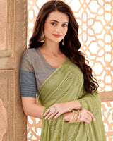 Vishal Prints Pastel Olive Designer Fancy Chiffon Saree With Embroidery Diamond Work And Core Piping