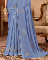Vishal Prints Lynch Blue Designer Fancy Chiffon Saree With Embroidery Diamond Work And Core Piping