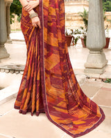 Vishal Prints Burgundy Printed Chiffon Saree With Fancy Border