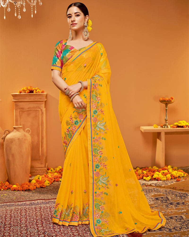 Vishal Prints Golden Yellow Designer Chiffon Saree With Embroidery-Diamond Work And Fancy Border