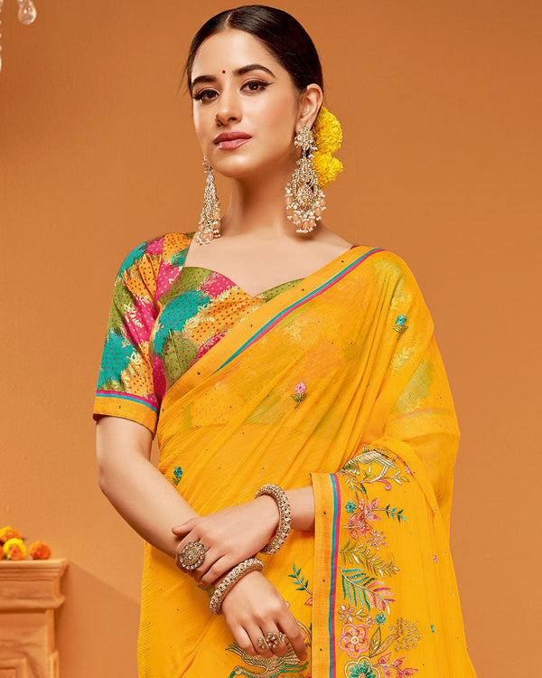 Vishal Prints Golden Yellow Designer Chiffon Saree With Embroidery-Diamond Work And Fancy Border