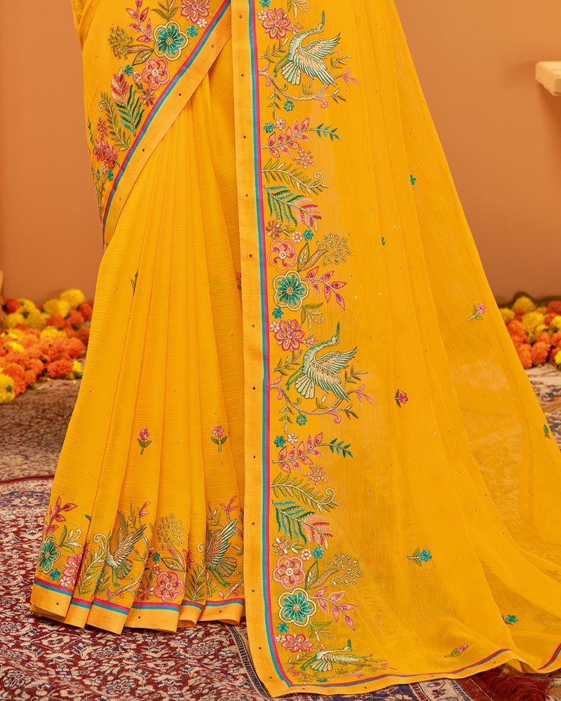 Vishal Prints Golden Yellow Designer Chiffon Saree With Embroidery-Diamond Work And Fancy Border