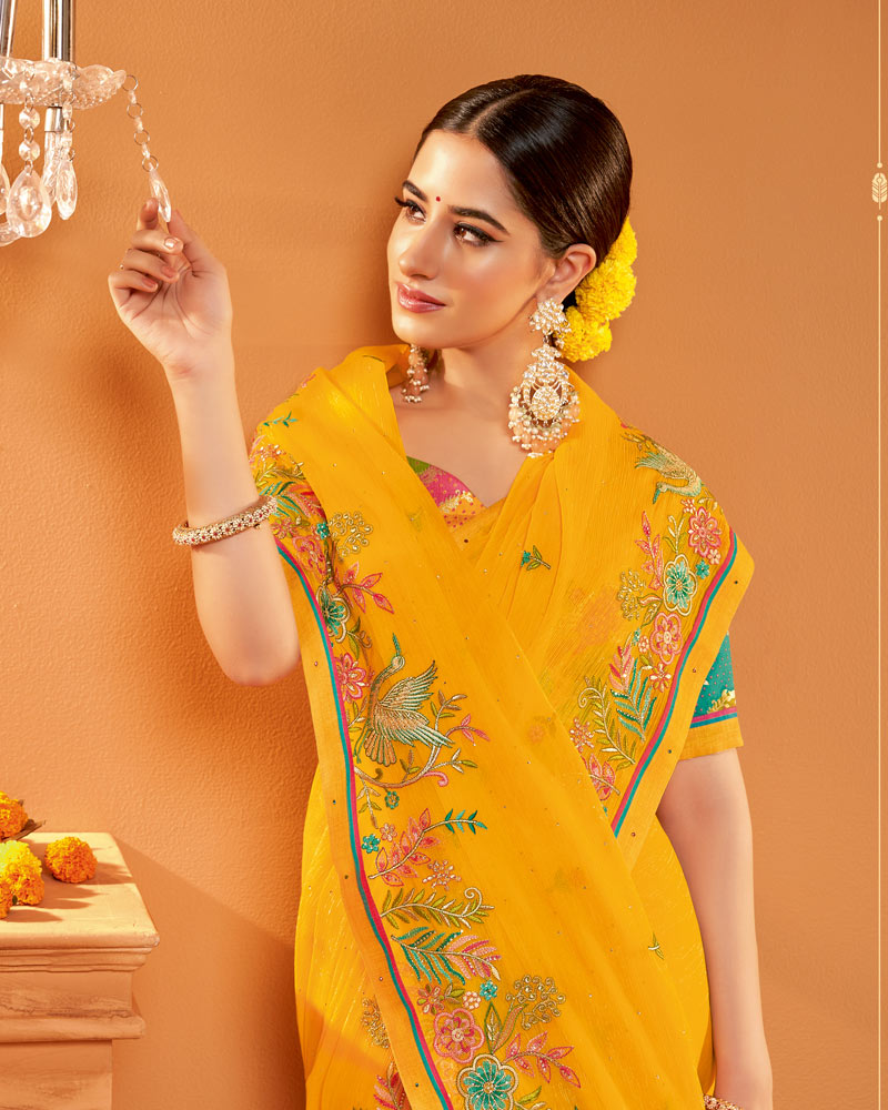 Vishal Prints Golden Yellow Designer Chiffon Saree With Embroidery-Diamond Work And Fancy Border