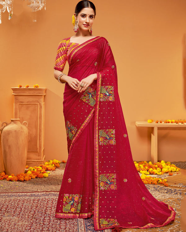 Vishal Prints Shiraz Red Designer Chiffon Saree With Embroidery-Diamond Work And Fancy Border
