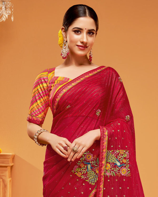 Vishal Prints Shiraz Red Designer Chiffon Saree With Embroidery-Diamond Work And Fancy Border