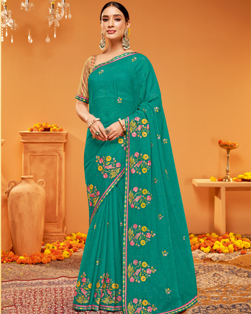 Vishal Prints Teal Green Designer Chiffon Saree With Embroidery-Diamond Work And Fancy Border