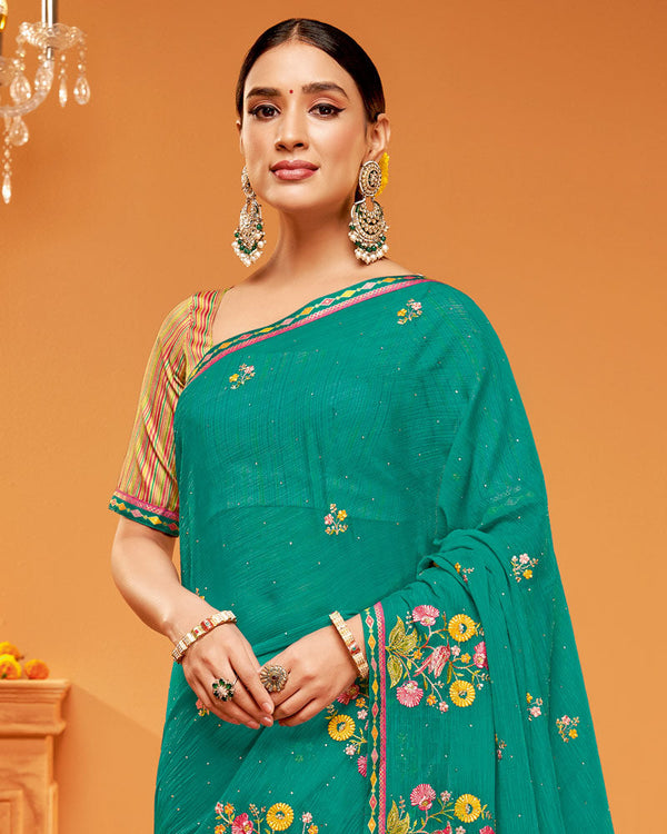 Vishal Prints Teal Green Designer Chiffon Saree With Embroidery-Diamond Work And Fancy Border