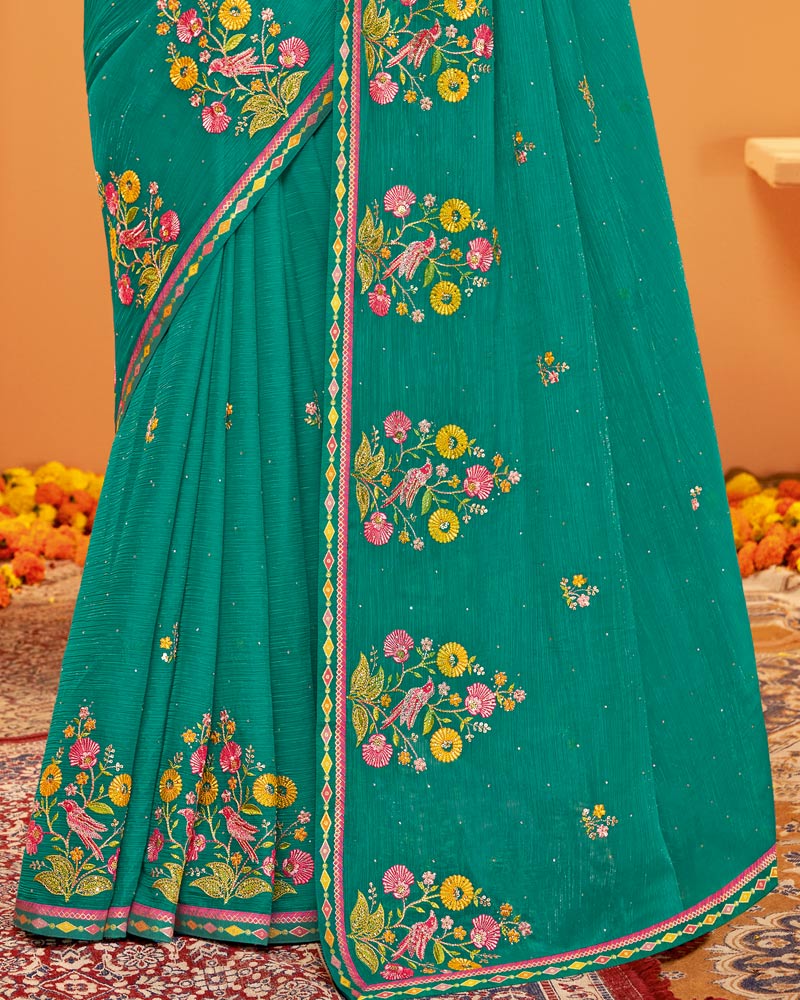 Vishal Prints Teal Green Designer Chiffon Saree With Embroidery-Diamond Work And Fancy Border